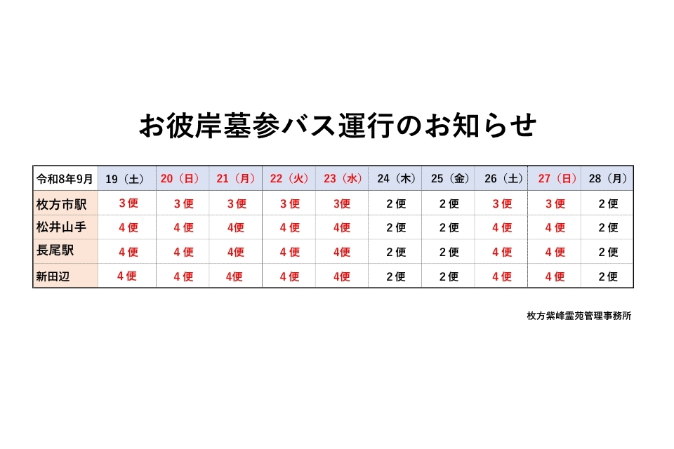 2026年秋彼岸墓参バス時刻表